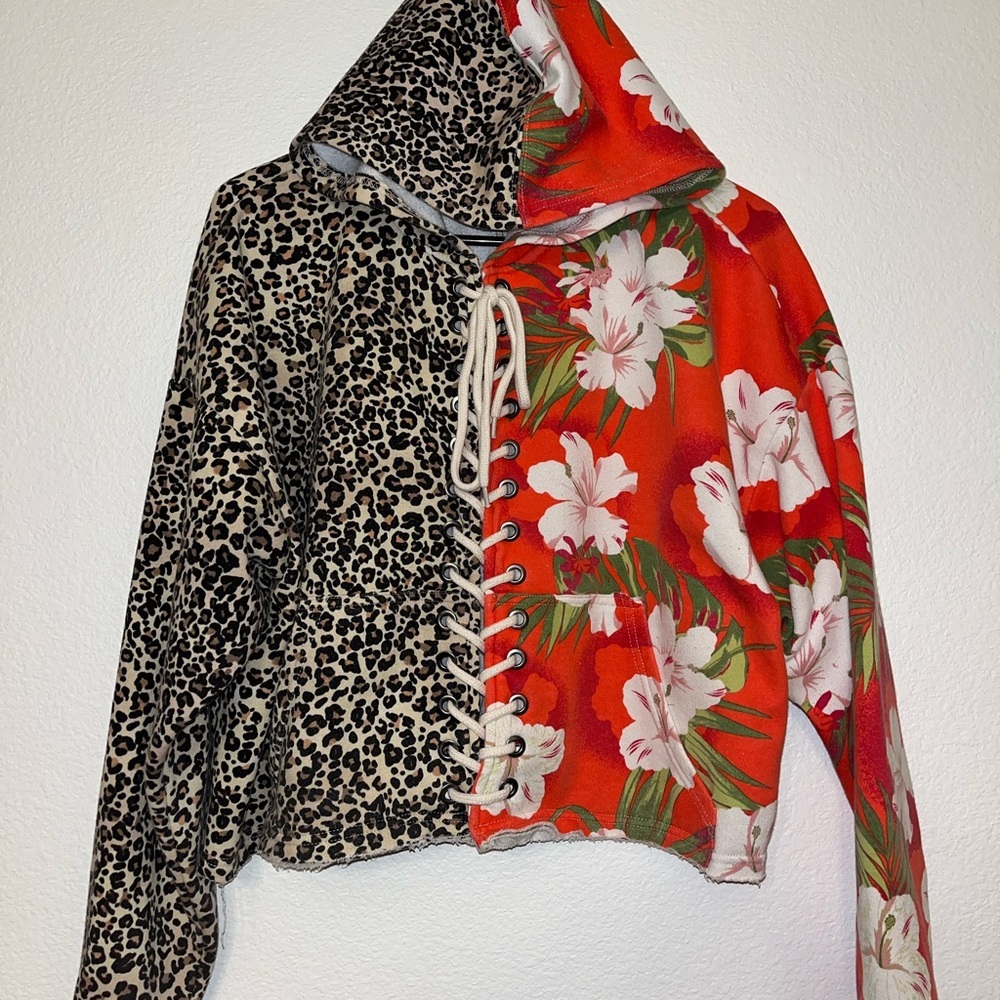 Urban Outfitters Colorblock Leopard Floral Lace Up Cropped Hoodie